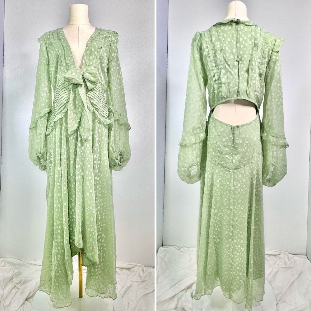 ASOS DESIGN Long Sleeve Maxi Dress Jacquard Dots Chiffon Green Sz 10 Girlhood